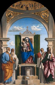 Çocuk ve SS Peter, Romualdus, Benedict ve Paul ile enthroned Madonna